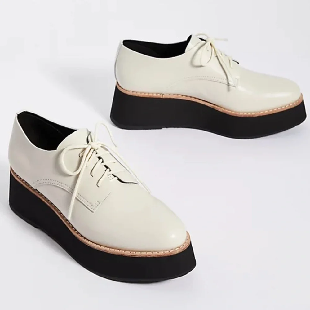 Anthropologie All Black Caroline Off White Lace Up Leather Platform Oxfords 39